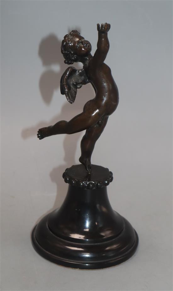 A small bronze Cupid figure, on stand, indistinctly signed M. Milford?, numbered 19/150 height 22cm